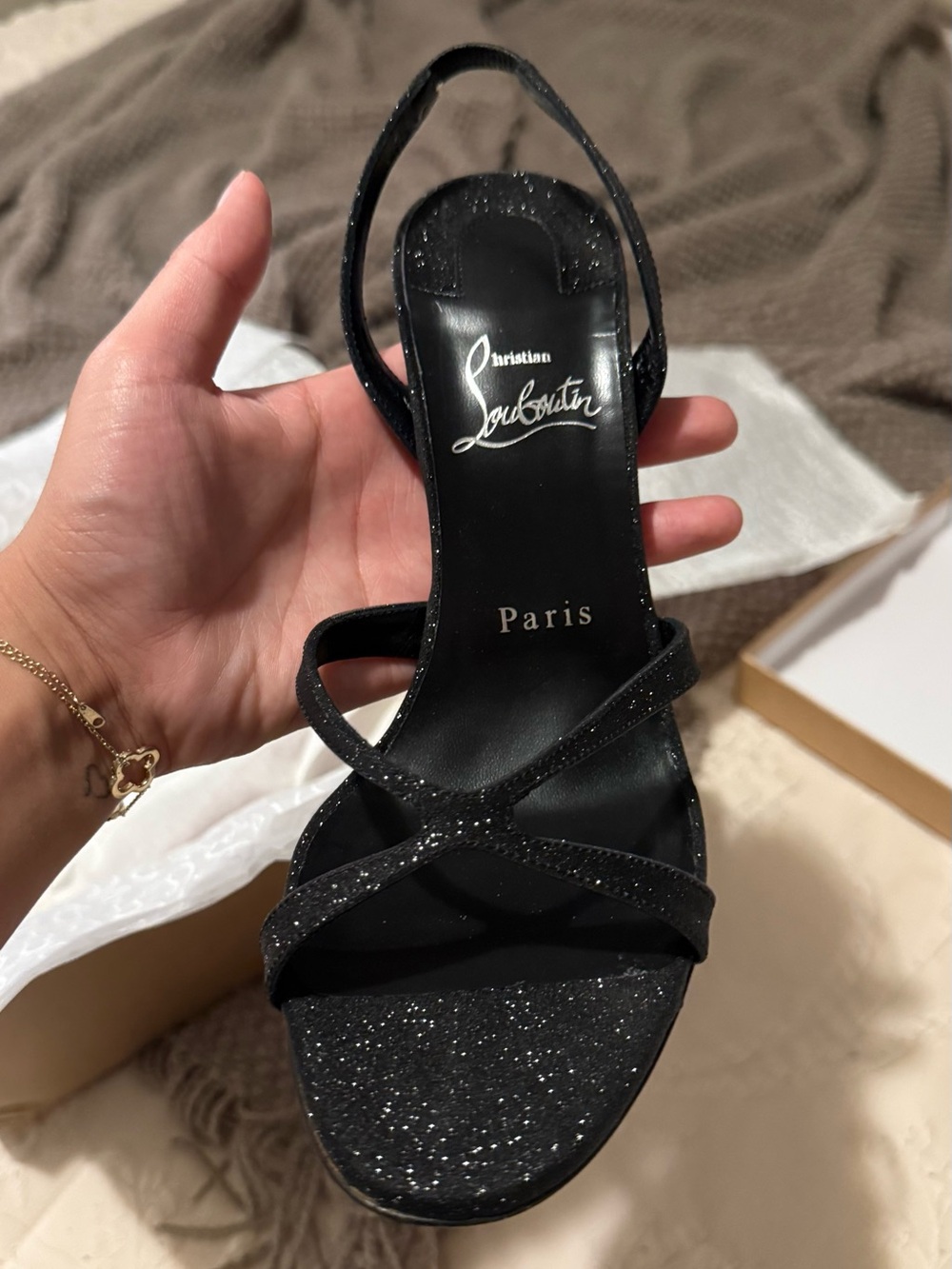 Christian Louboutin Black Glitter Crisscross Slingback Heel